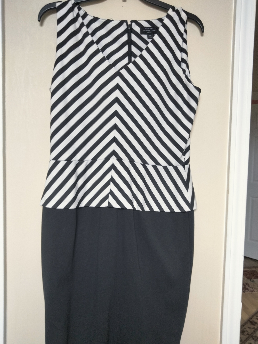 Tahari ASL Black & White Striped Peplum Sheath Dress